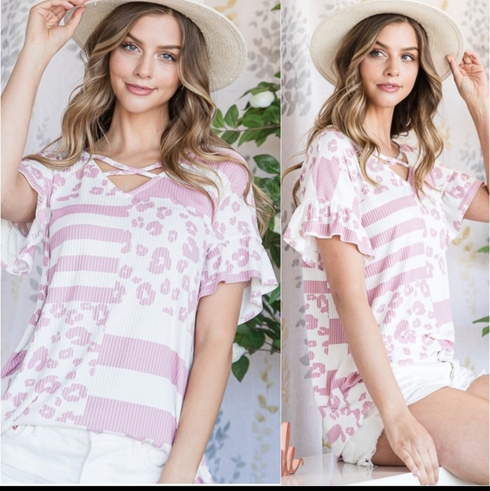 Pink and white leopard print top.